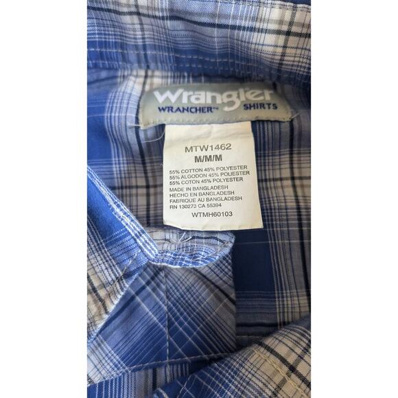 Wrangler Wrancher Blue Plaid Pearl Snap Button Down Shirt, Medium, Vintage - Picture 8 of 9
